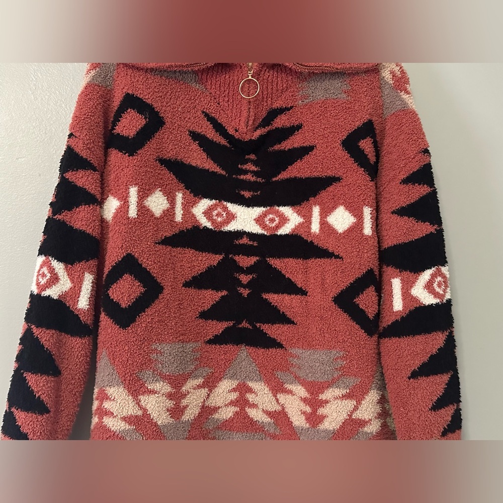 Wanna B Coral Aztec Mock Neck 3/4 Zip Pullover Sweater Women’s Size L Cozy Fall - Picture 5 of 12